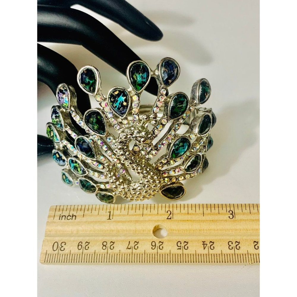 Rhinestone Peacock Boho Hinged Cuff Bracelet - Picture 5 of 10